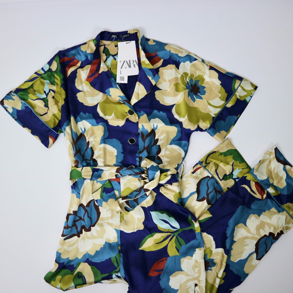 Zara Satin Floral Full Length Blue Jumpsuit
